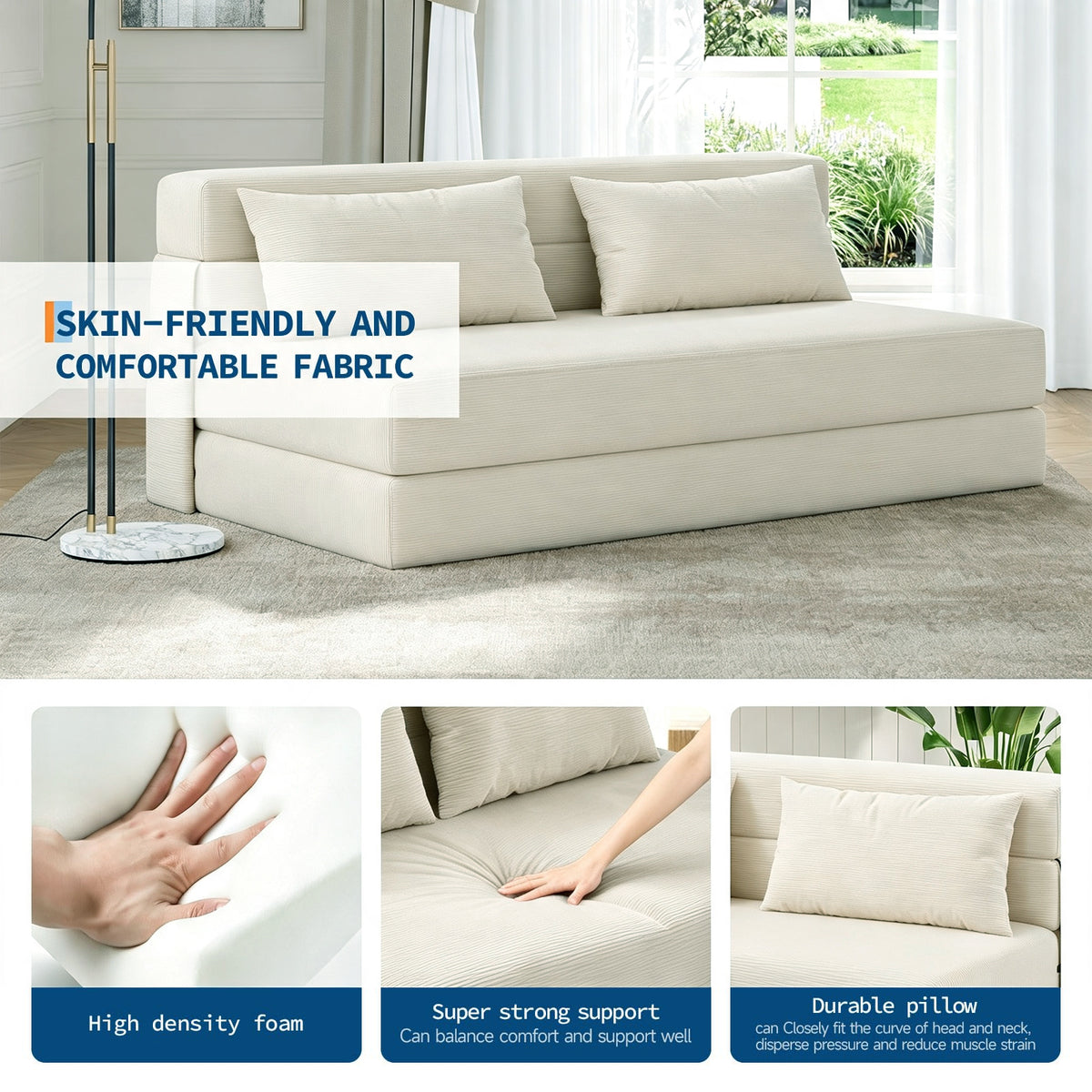 Garvee Sofá Cama Plegable 4 en 1 con Espuma Viscoelástica, Respaldo Ergonómico y Funda Lavable, Tapizado en Lino, para Sala y Habitación de Invitados, Beige