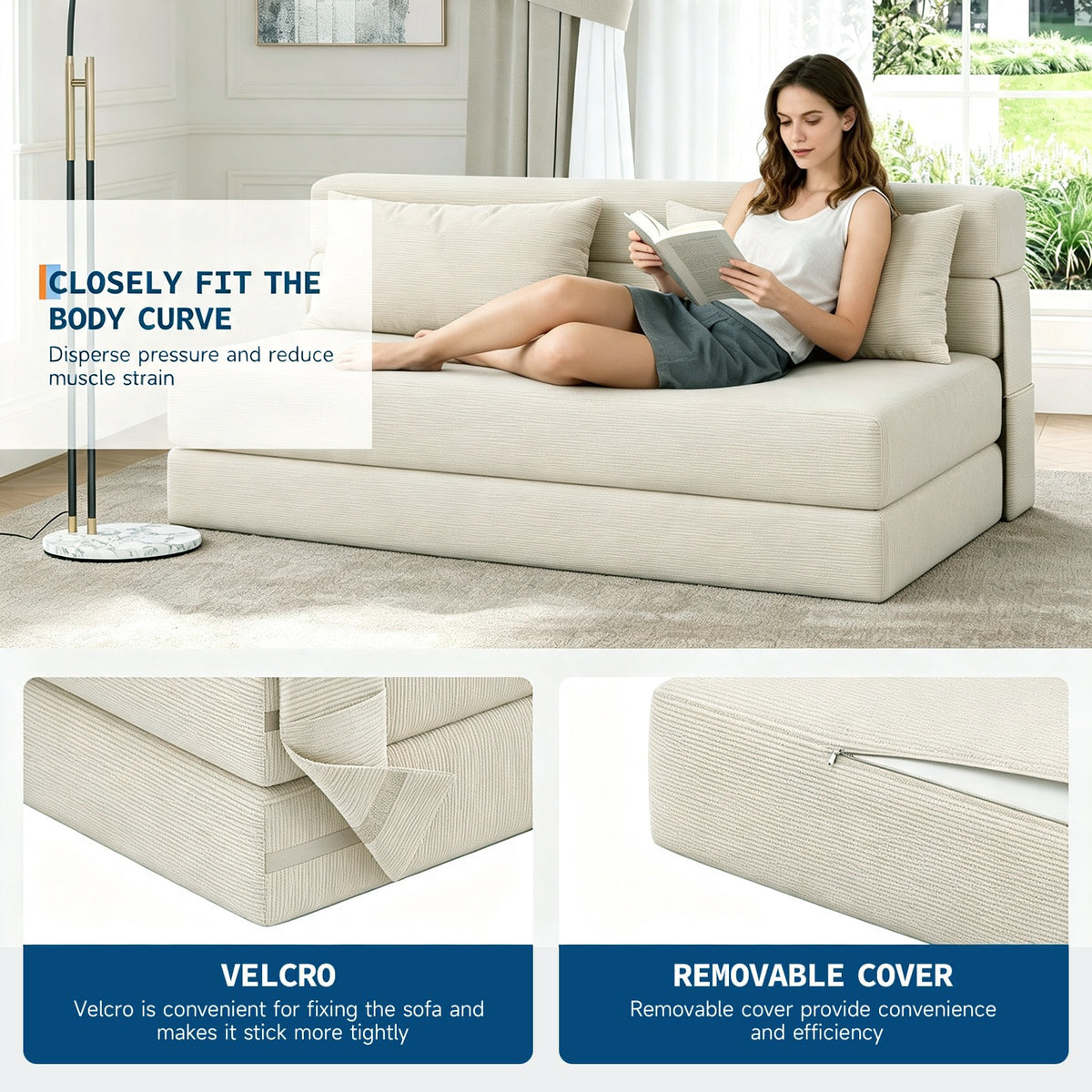 Garvee Sofá Cama Plegable 4 en 1 con Espuma Viscoelástica, Respaldo Ergonómico y Funda Lavable, Tapizado en Lino, para Sala y Habitación de Invitados, Beige