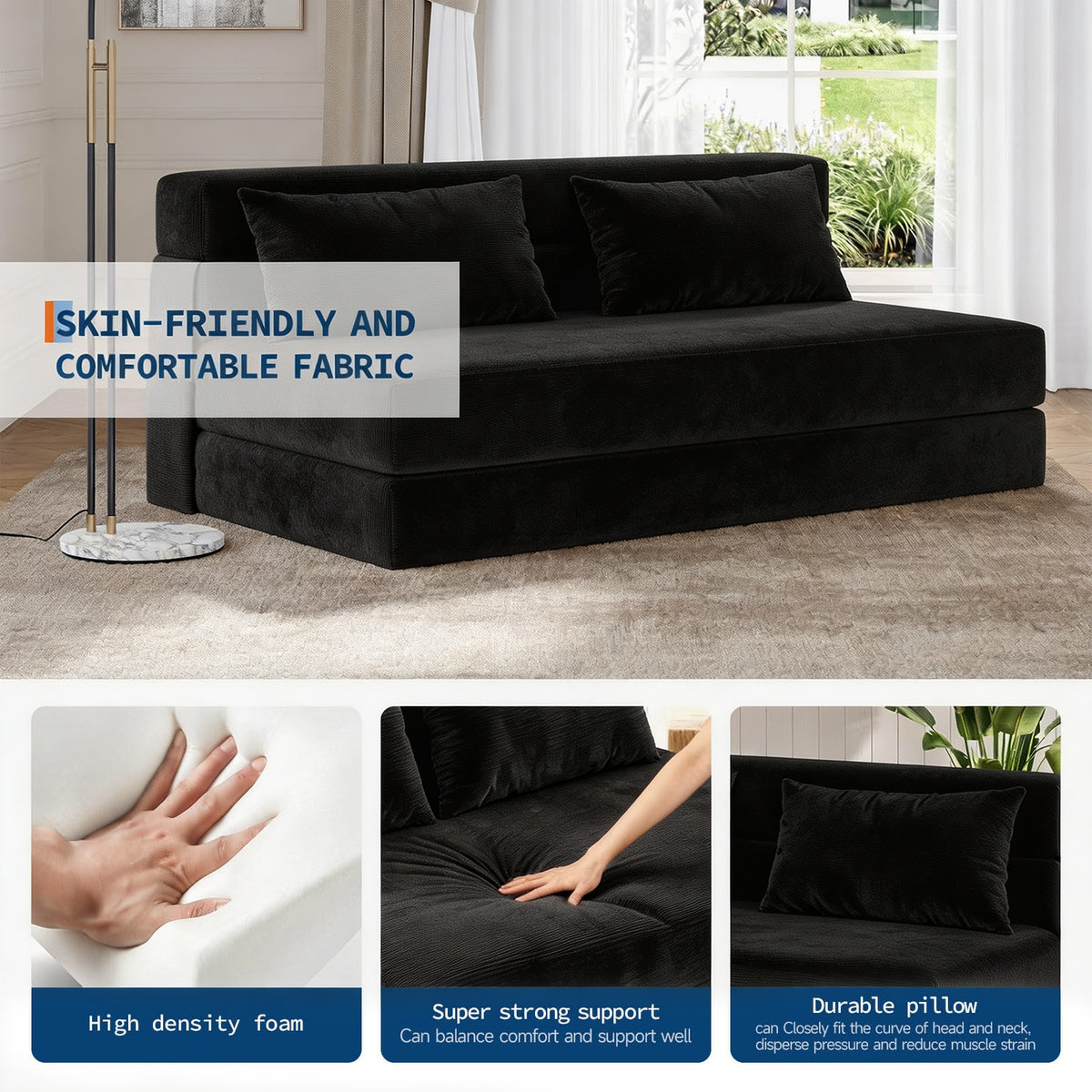 Garvee Sofá Cama Plegable de 4 Posiciones con Respaldo Ajustable y Cojín Espuma de Alta Densidad Funda de Pana Desmontable 80x60x6 Pulgadas Negro