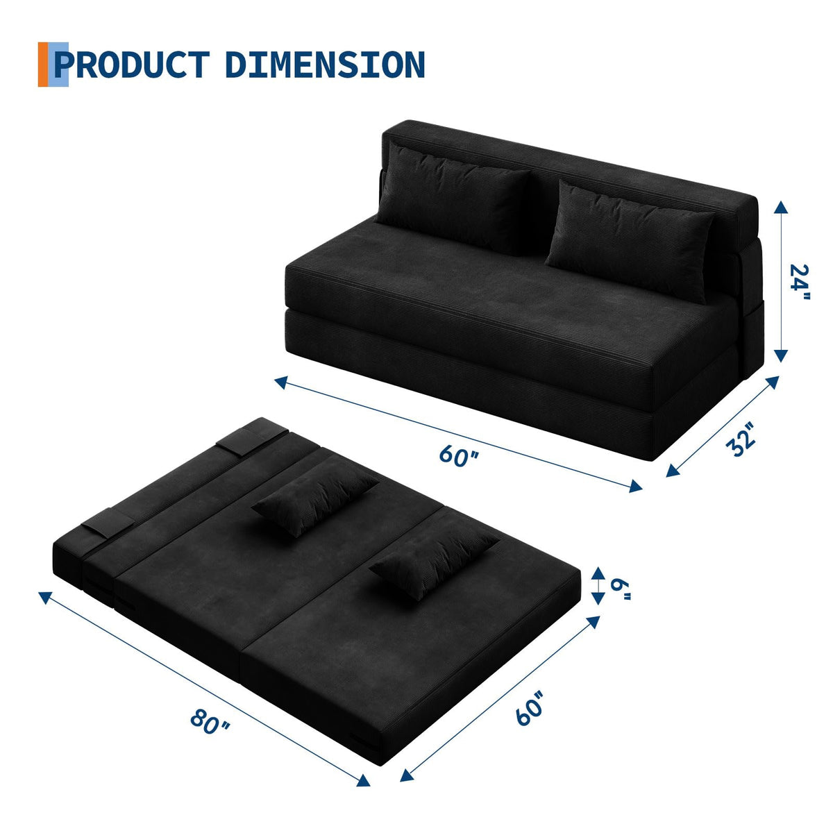 Garvee Sofá Cama Plegable de 4 Posiciones con Respaldo Ajustable y Cojín Espuma de Alta Densidad Funda de Pana Desmontable 80x60x6 Pulgadas Negro