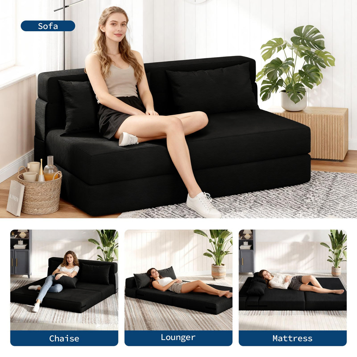 Garvee Sofá Cama Plegable de 4 Posiciones con Respaldo Ajustable y Cojín Espuma de Alta Densidad Funda de Pana Desmontable 80x60x6 Pulgadas Negro