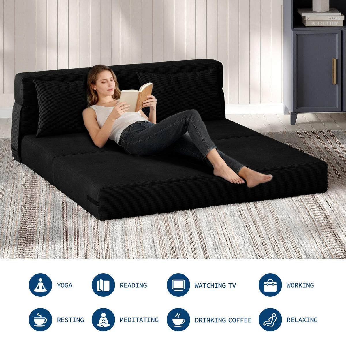 Garvee Sofá Cama Plegable de 4 Posiciones con Respaldo Ajustable y Cojín Espuma de Alta Densidad Funda de Pana Desmontable 80x60x6 Pulgadas Negro