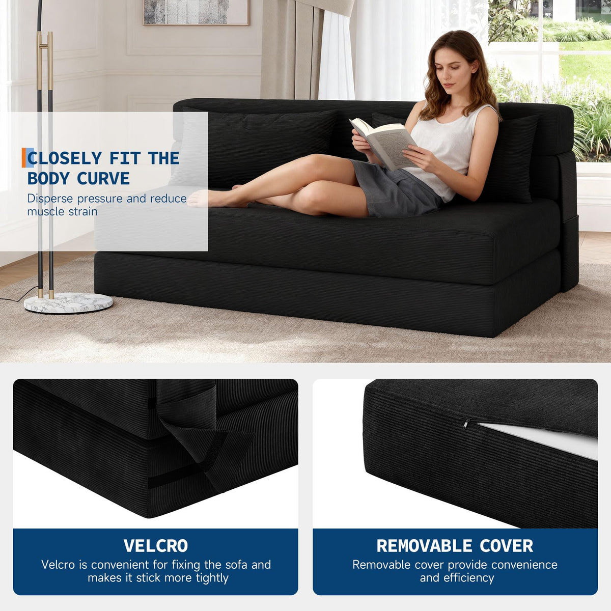 Garvee Sofá Cama Plegable de 4 Posiciones con Respaldo Ajustable y Cojín Espuma de Alta Densidad Funda de Pana Desmontable 80x60x6 Pulgadas Negro