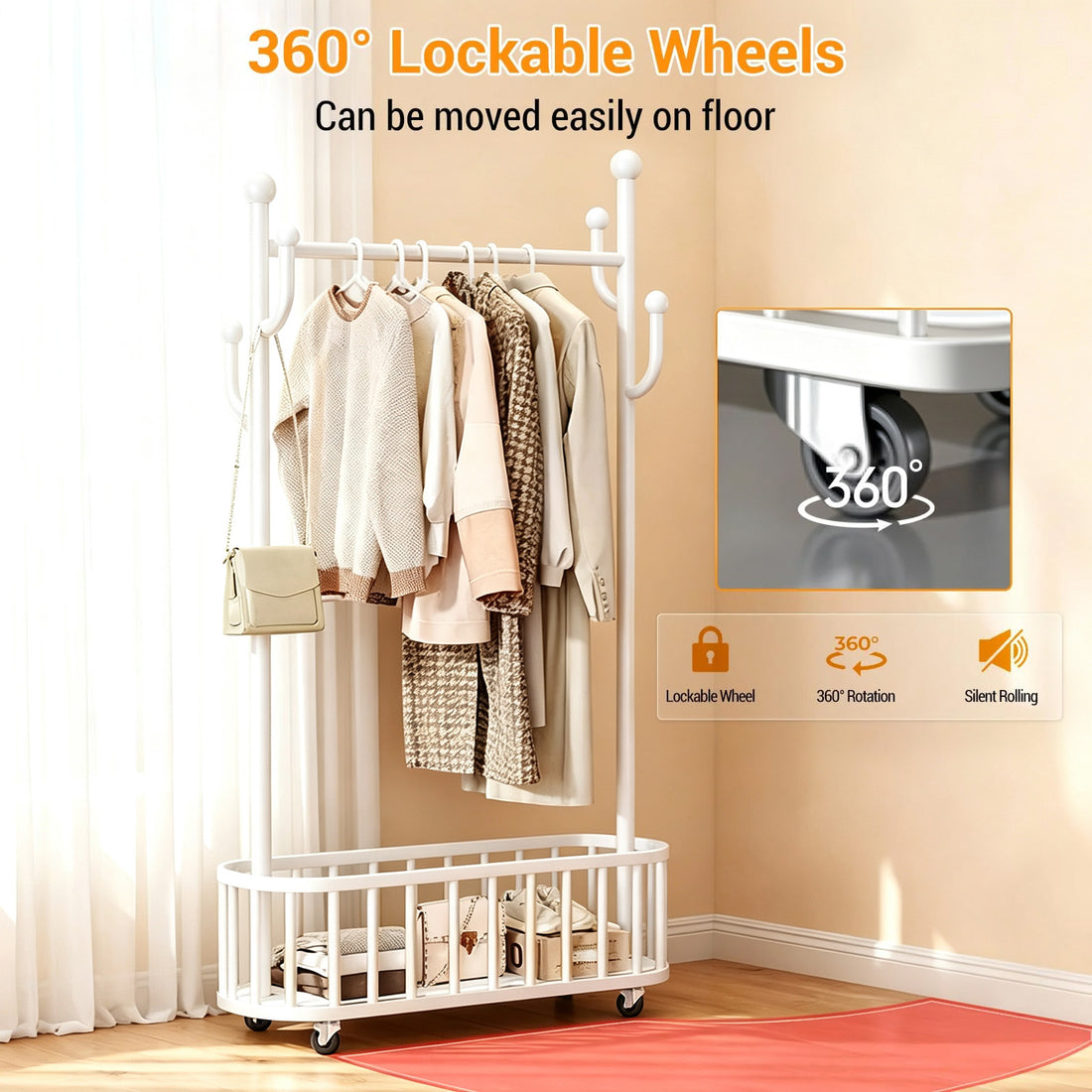 Garvee Perchero Rodante de Metal con Ruedas Bloqueables y Cesta de Almacenamiento, 80 x 175 cm, 54 kg, para Dormitorio y Boutique, Blanco