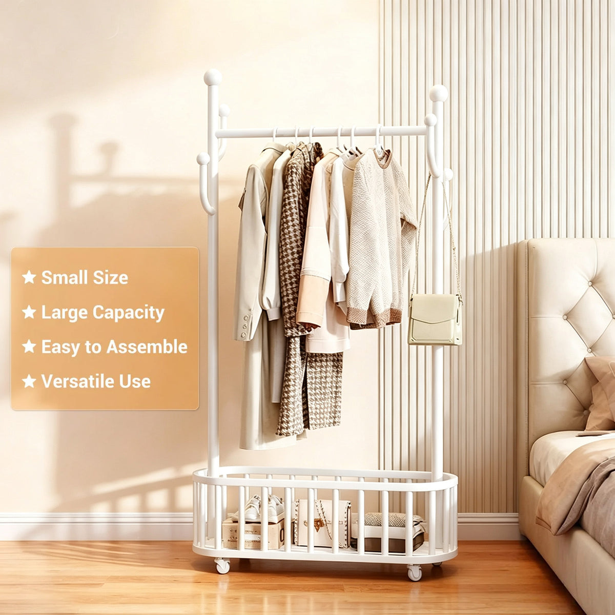 Garvee Perchero Rodante de Metal con Ruedas Bloqueables y Cesta de Almacenamiento, 80 x 175 cm, 54 kg, para Dormitorio y Boutique, Blanco