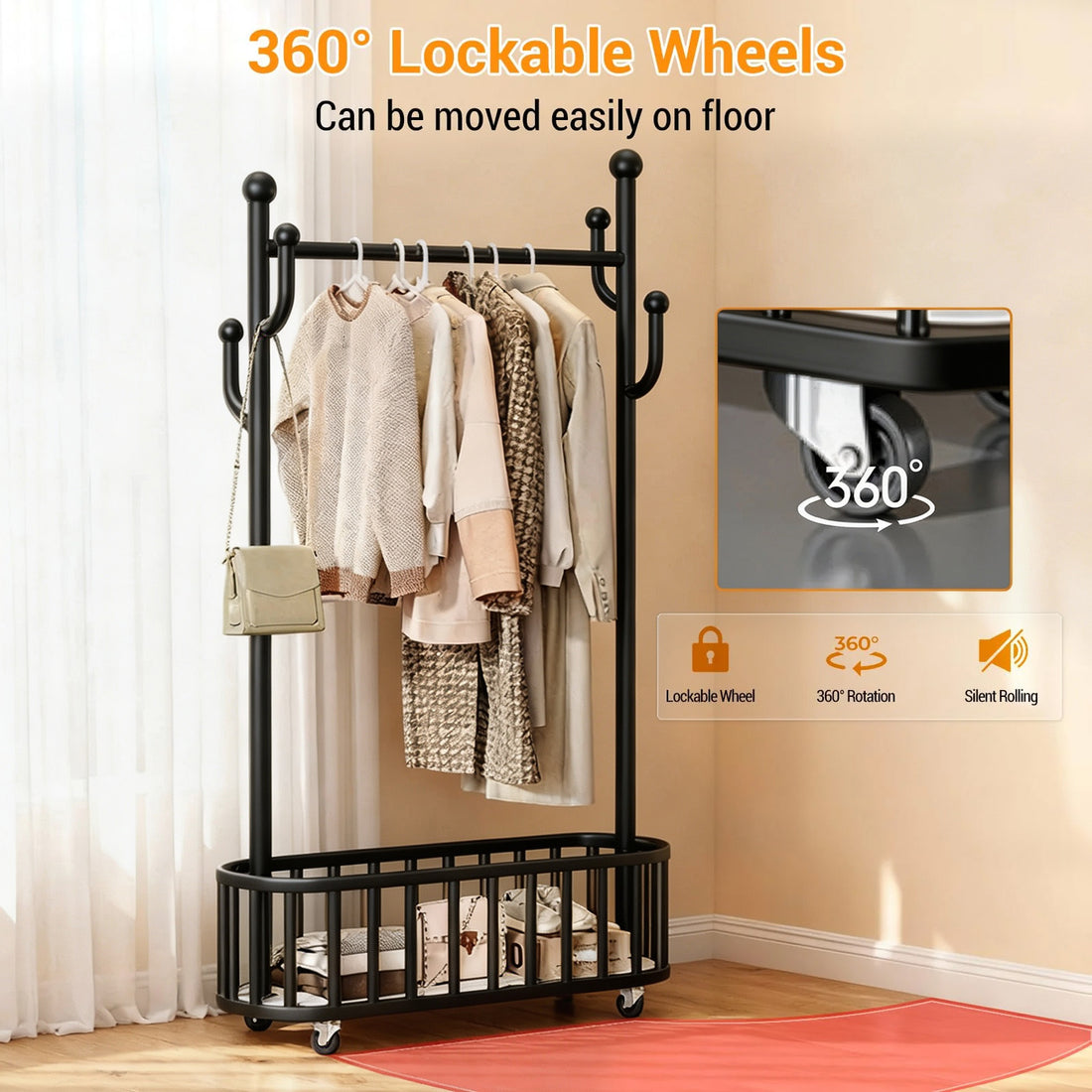 Garvee Perchero Metálico con Ruedas Cesta de Almacenamiento y Ganchos 80x175 cm Acero Resistente Negro