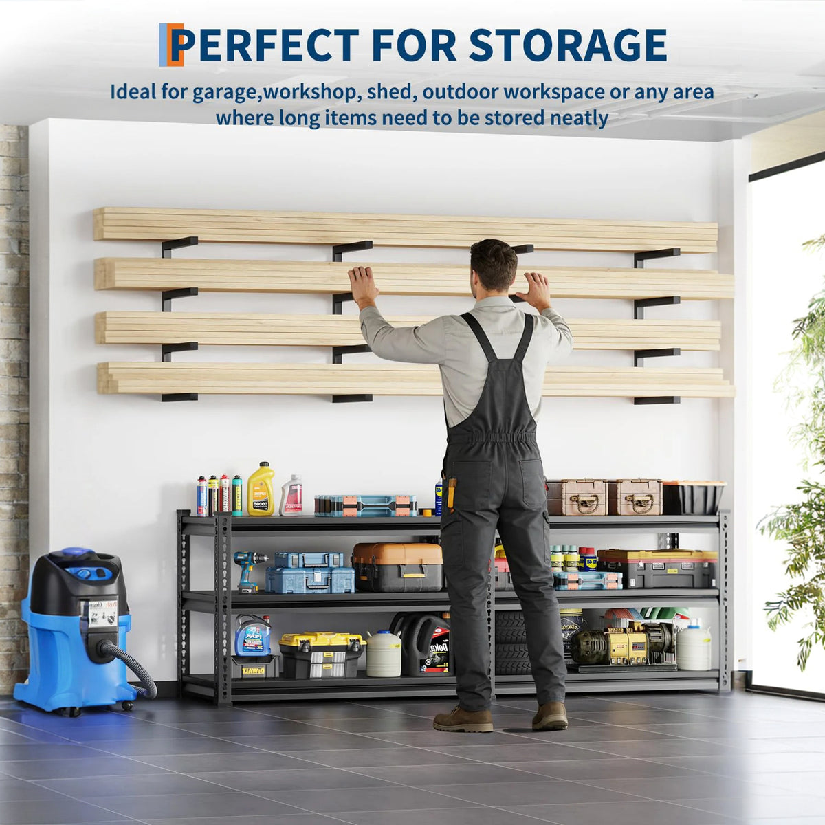 Garvee Juego de 2 Estantes para Madera de 4 Niveles, Organizador de Pared de Acero Resistente para Taller y Garaje, Capacidad 360 kg Negro