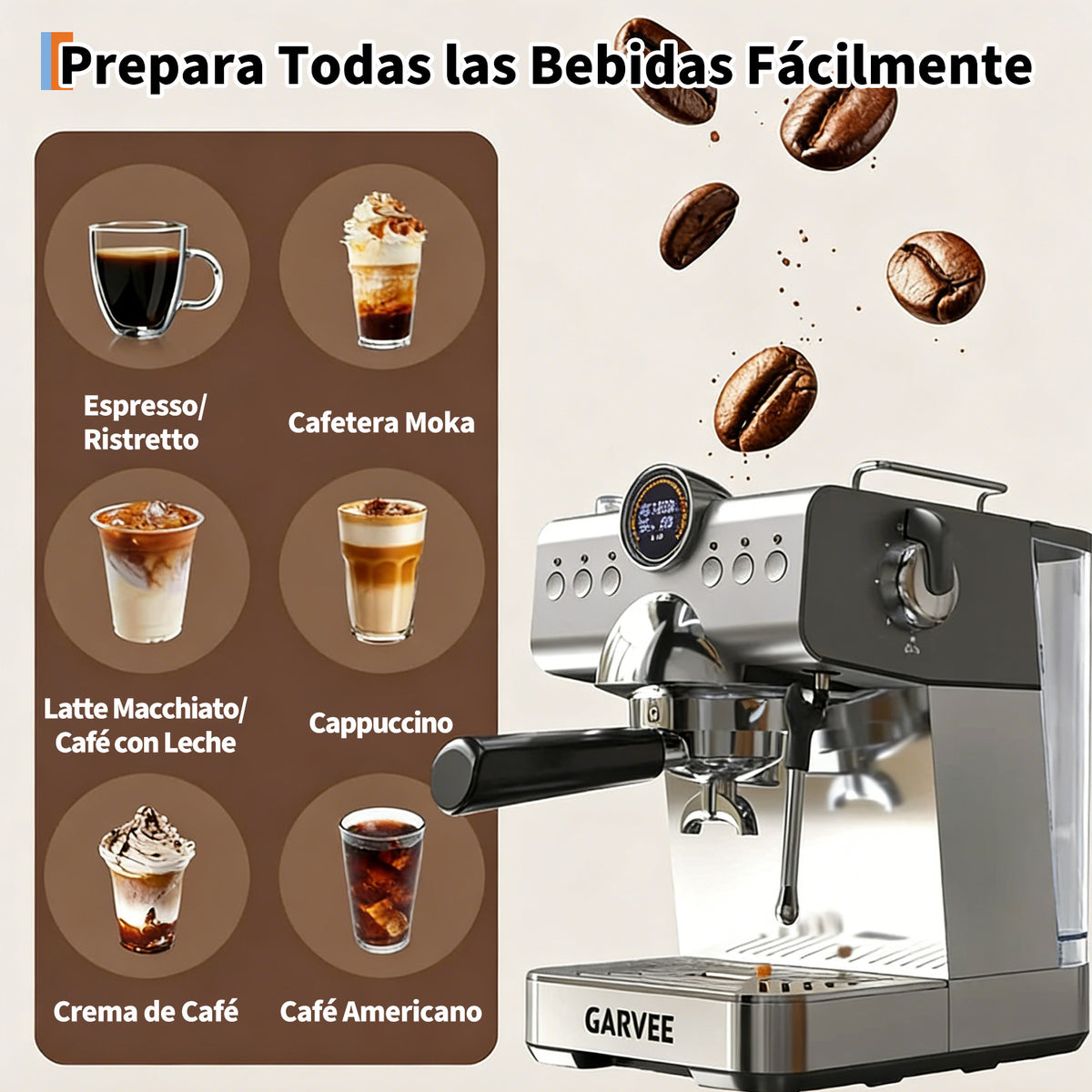 Garvee Máquina De Expreso Semiautomática CM5712-CB, Estilo Italiano, Operación Por Presión, Compacta y Gris, para Hogar y Cocina