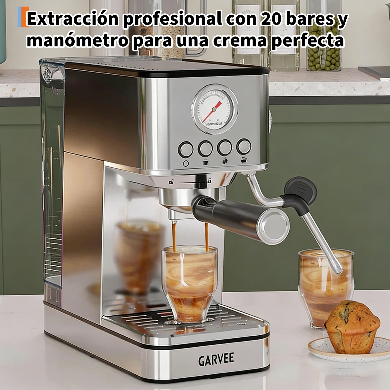 Garvee Máquina De Expreso Con Portafiltros 20 Bar, 1200W Con Termobloque, Acero Inoxidable SUS304, Depósito 1,7L, Compacta, para Cocina Pequeña, Plateada
