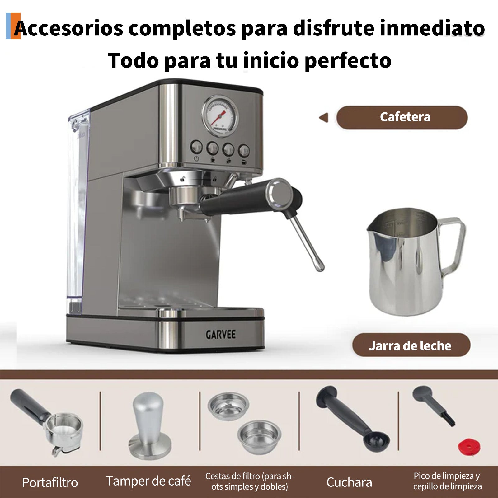 Garvee Máquina De Expreso Con Portafiltros 20 Bar, 1200W Con Termobloque, Acero Inoxidable SUS304, Depósito 1,7L, Compacta, para Cocina Pequeña, Plateada
