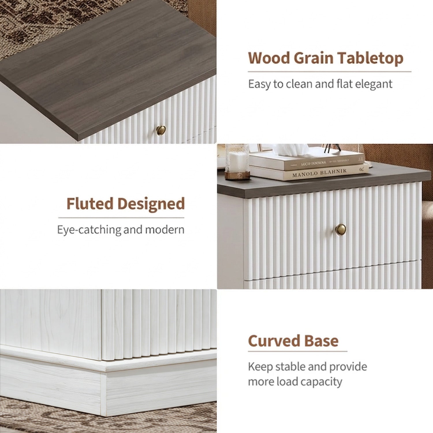 Garvee Mesita de Noche Moderna de 61 cm con 2 Cajones y Diseño Acanalado de MDF para Dormitorio Blanco Marrón