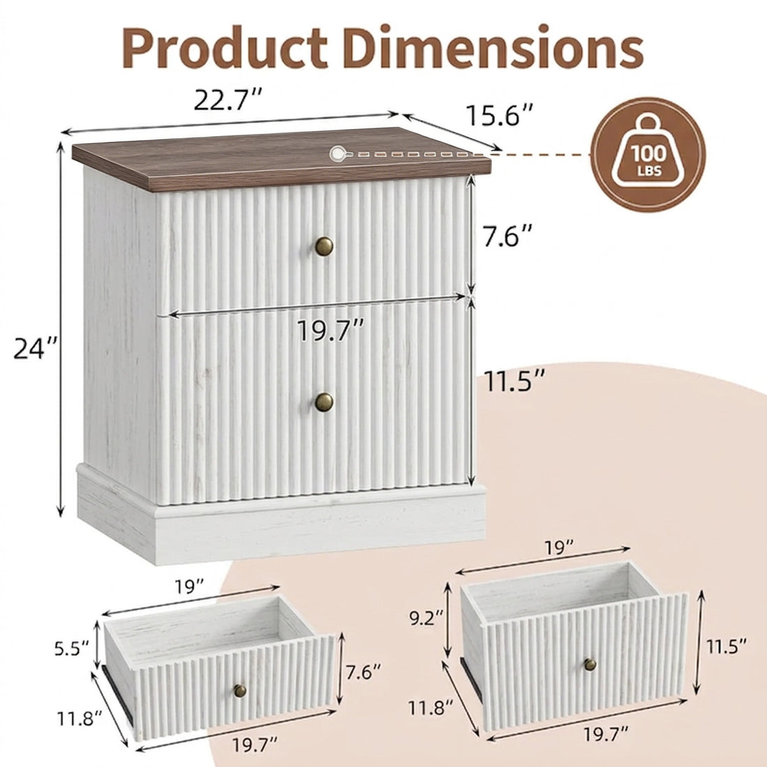 Garvee Mesita de Noche Moderna de 61 cm con 2 Cajones y Diseño Acanalado de MDF para Dormitorio Blanco Marrón