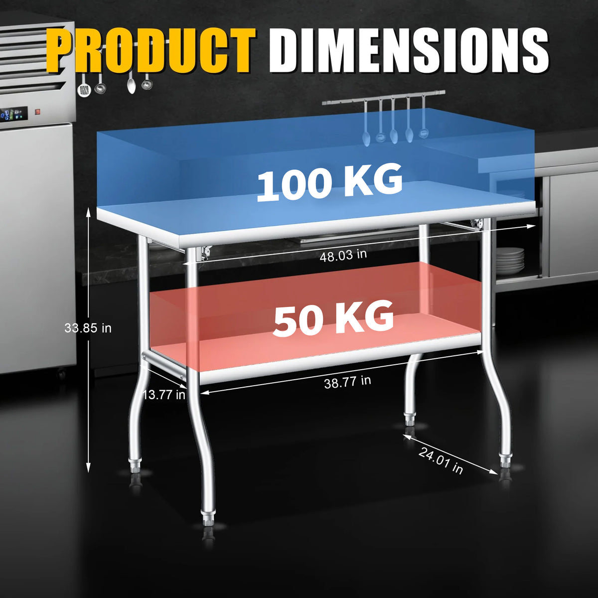 Garvee Mesa de Trabajo Cocina 1220 x 610 x 864 mm Mesa de Trabajo Plegable Acero Inoxidable con Estante Inferior 100 kg Carga Mesa Acero Inoxidable con Pies Ajustables para Camping Cocina Comercial