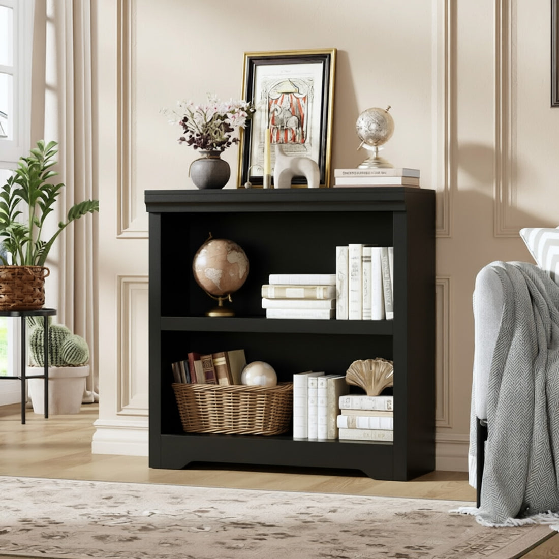 Garvee Librería Compacta de 2 Niveles con Diseño Abierto para Estudiantes en Habitación o Estudio 60cm Negro Texturizado