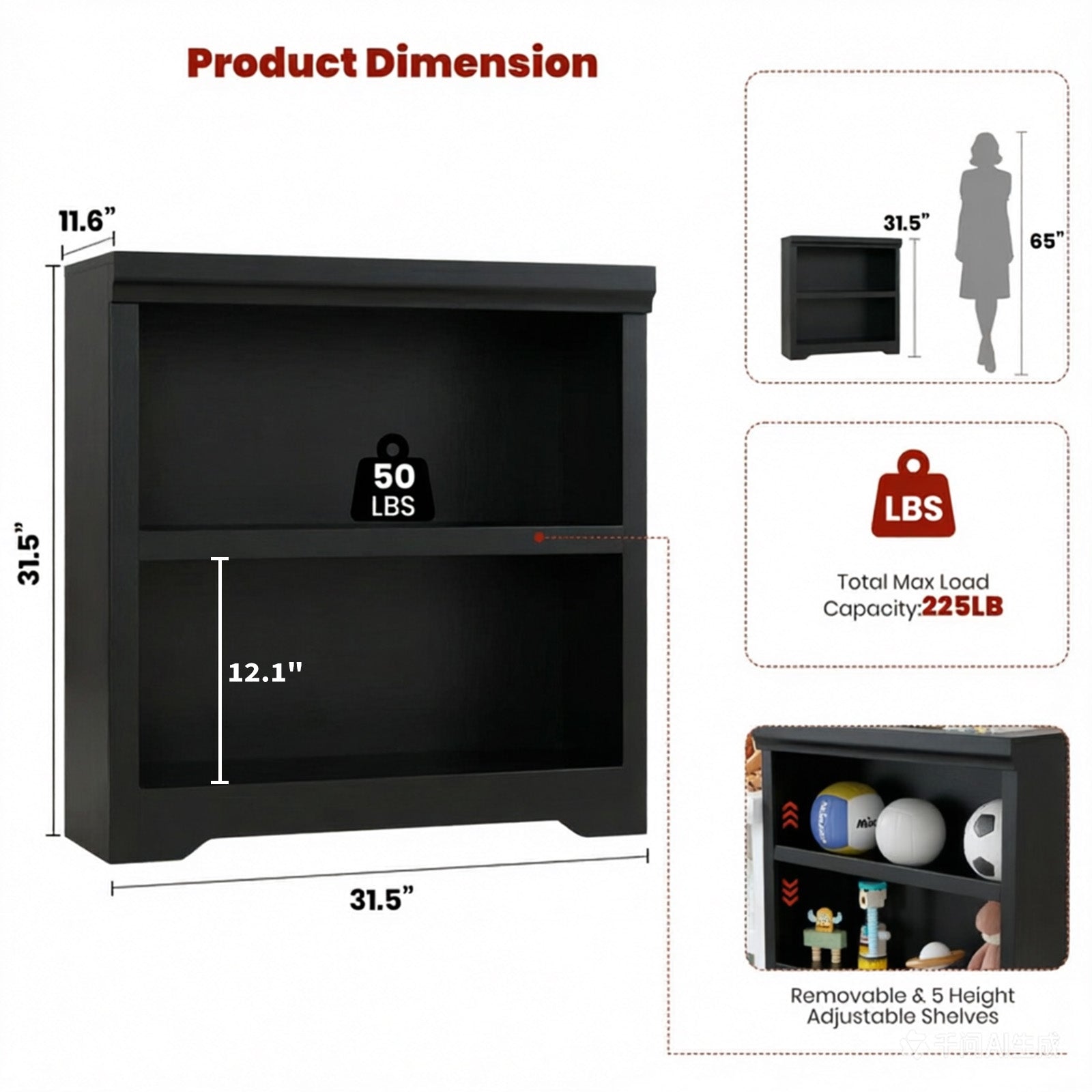 Garvee Librería Compacta de 2 Niveles con Diseño Abierto para Estudiantes en Habitación o Estudio 60cm Negro Texturizado