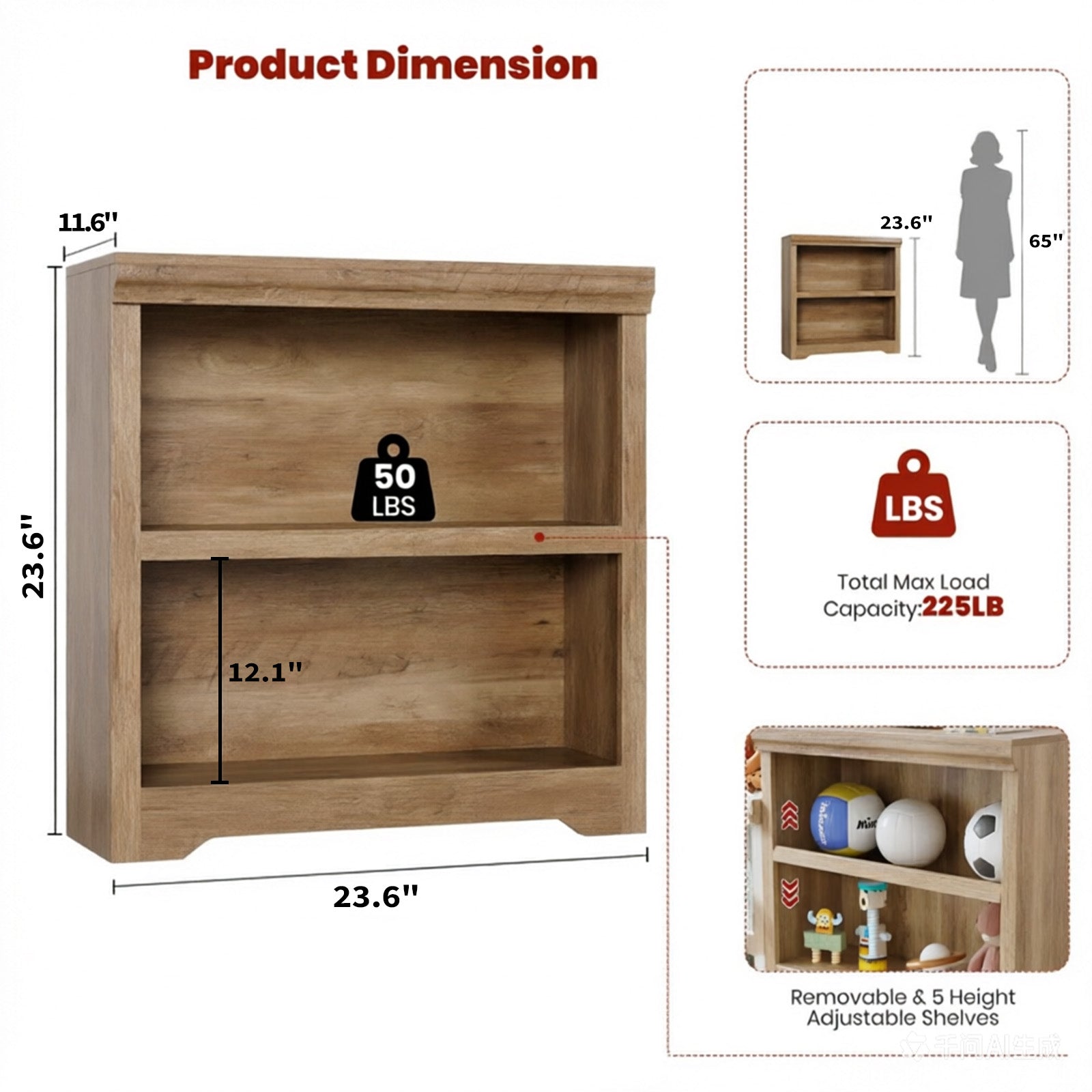 Garvee Estantería de Almacenamiento de MDF de 2 Niveles sin Puertas con Estantes Ajustables para Hogar y Oficina Madera