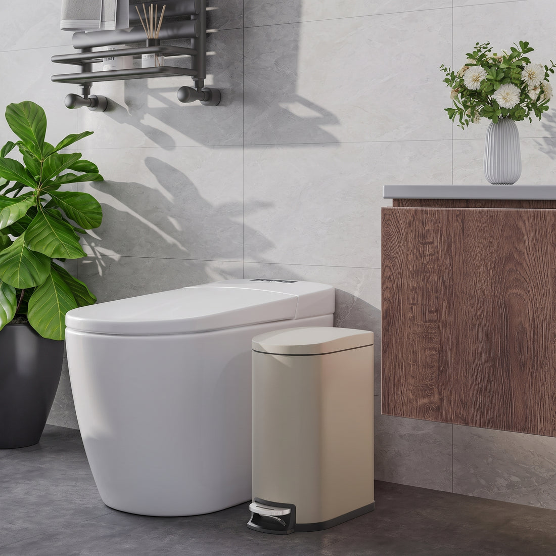 Garvee Cubo de Basura Estrecho de 6 Litros de Acero Inoxidable, Basurero con Pedal y Tapa de Cierre Suave para Baño y Cocina, Beige