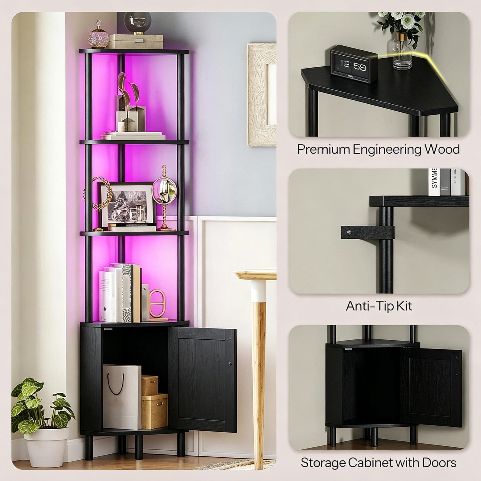 Garvee Estantería de Esquina con Luces LED Integradas, Estante Decorativo para Salón, Dormitorio o Baño, Blanco, Negro o Madera, Fácil Montaje