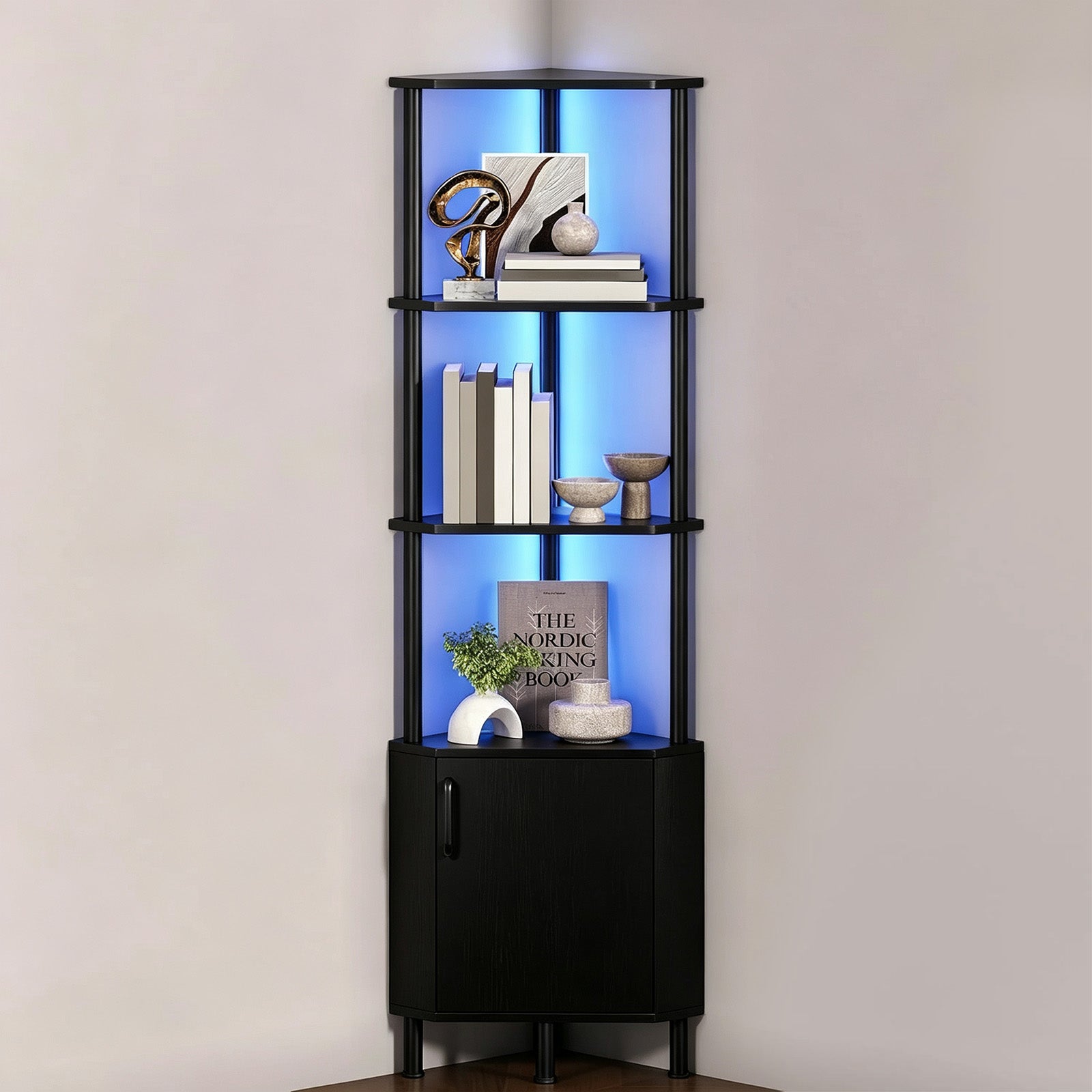 Garvee Estantería de Esquina con Luces LED Integradas, Estante Decorativo para Salón, Dormitorio o Baño, Blanco, Negro o Madera, Fácil Montaje