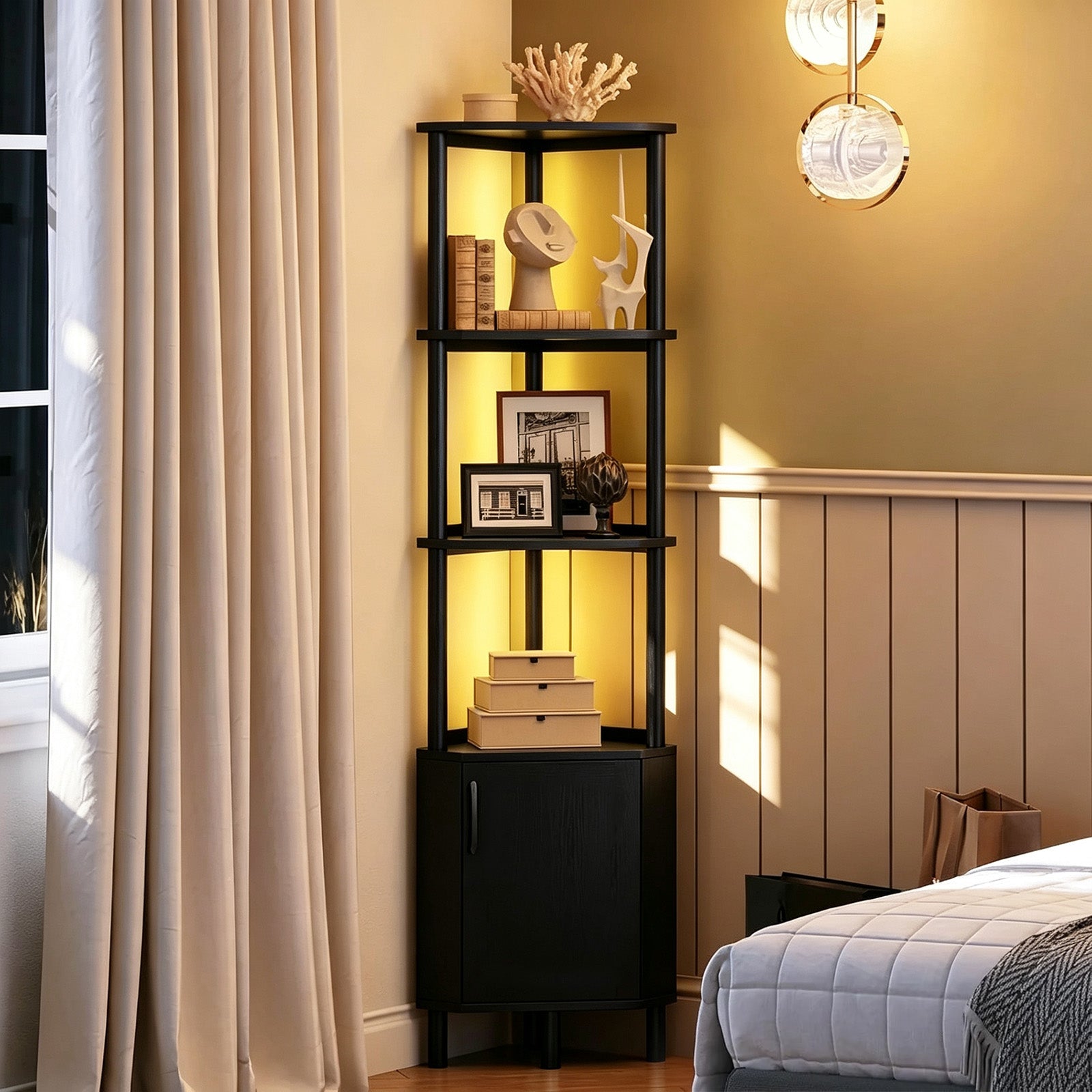 Garvee Estantería de Esquina con Luces LED Integradas, Estante Decorativo para Salón, Dormitorio o Baño, Blanco, Negro o Madera, Fácil Montaje