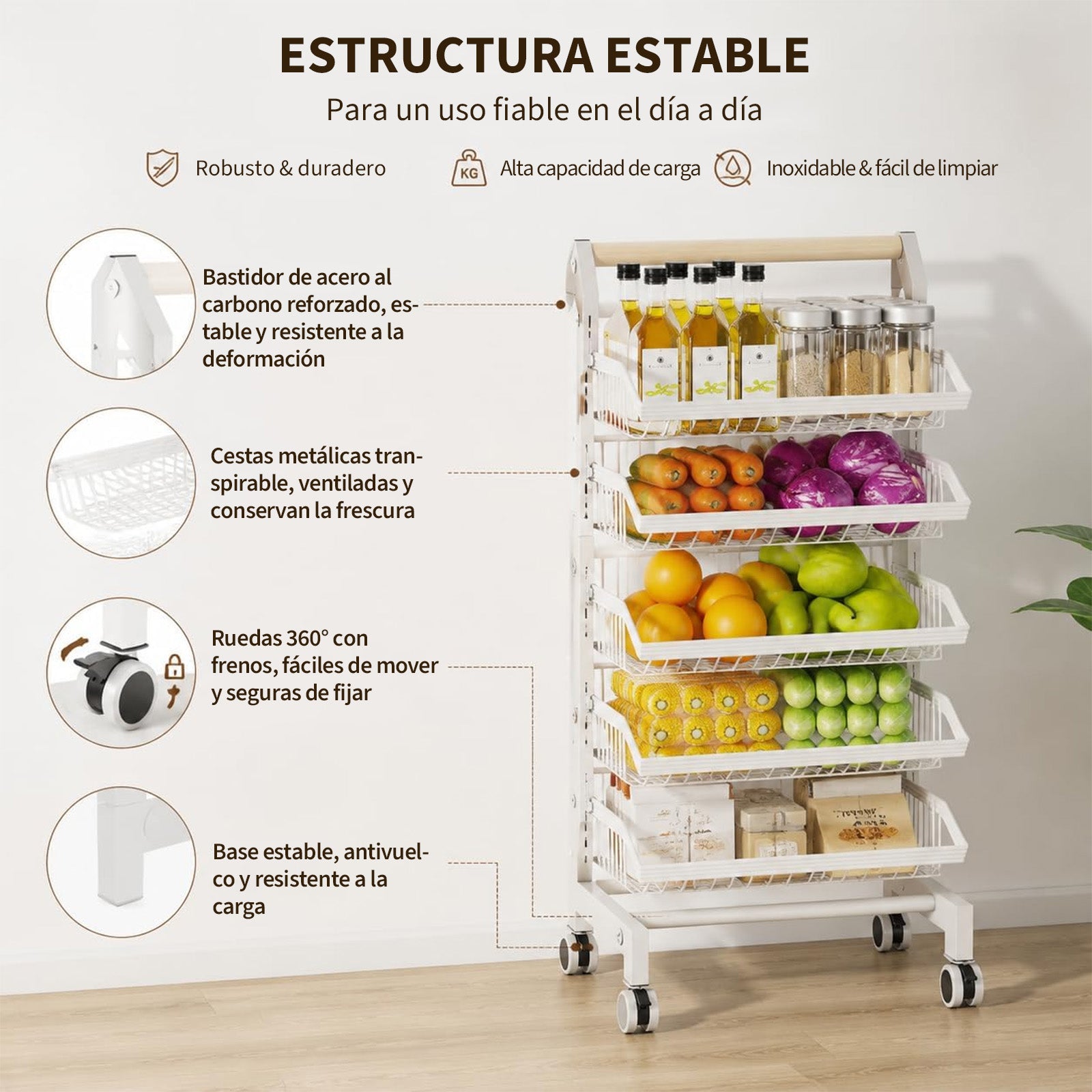 Garvee Carro Estrecho Organizador de 5 Niveles con Cajones, Estructura de Hierro, para Cocina, Salón o Balcón, Blanco