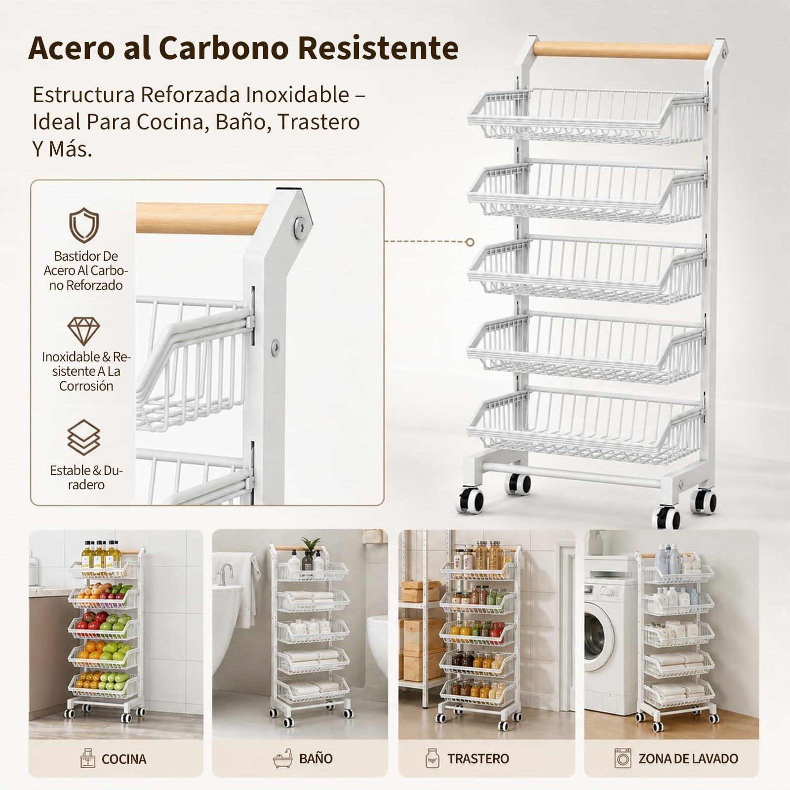 Garvee Carro Estrecho Organizador de 5 Niveles con Cajones, Estructura de Hierro, para Cocina, Salón o Balcón, Blanco