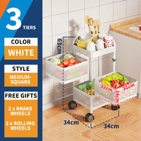 Garvee Carro Organizador Multiuso de 3 Niveles con Ruedas Carrito Auxiliar Cuadrado de Acero al Carbono para Cocina Baño y Oficina Blanco