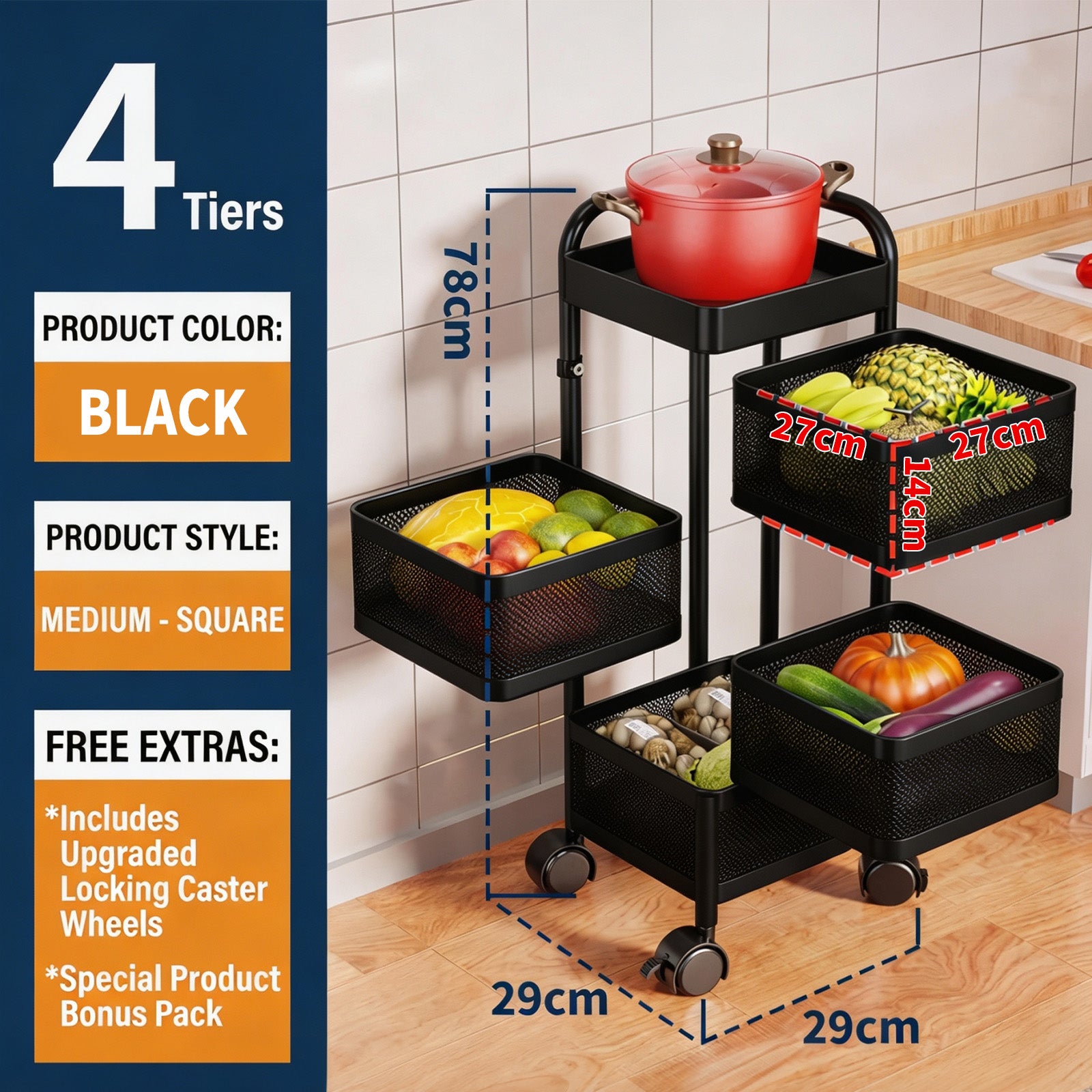 Garvee Carro Organizador Multiuso de 4 Niveles con Ruedas Carrito Auxiliar Cuadrado de Acero al Carbono para Cocina Baño y Oficina Negro