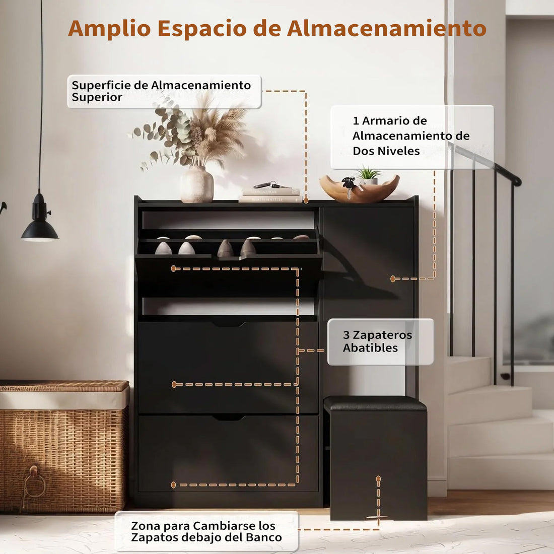 Garvee Zapatero Estrecho de Madera con Banco Oculto Cuatro Compartimentos Abatibles y Estantes Ajustables, Negro
