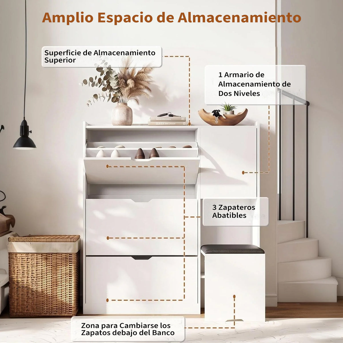 Garvee Zapatero Estrecho de Madera con Banco Oculto Cuatro Puertas Abatibles y Estantes Ajustables, Blanco