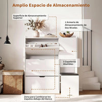 Garvee Zapatero Estrecho de Madera con Banco Oculto Cuatro Puertas Abatibles y Estantes Ajustables, Blanco