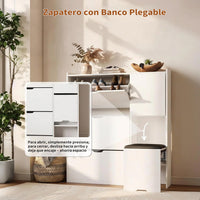 Garvee Zapatero Estrecho de Madera con Banco Oculto Cuatro Puertas Abatibles y Estantes Ajustables, Blanco