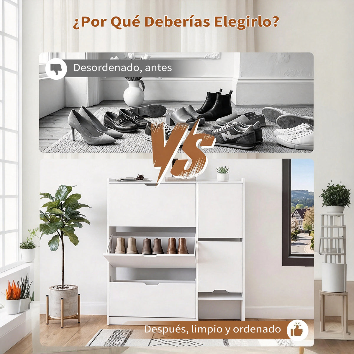 Garvee Zapatero Estrecho de Madera con Banco Oculto Cuatro Puertas Abatibles y Estantes Ajustables, Blanco