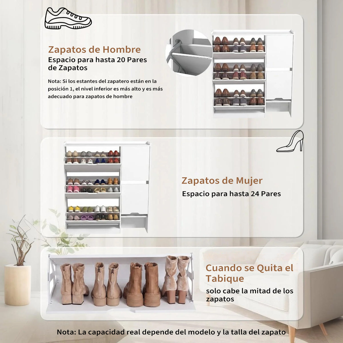 Garvee Zapatero Estrecho de Madera con Banco Oculto Cuatro Puertas Abatibles y Estantes Ajustables, Blanco