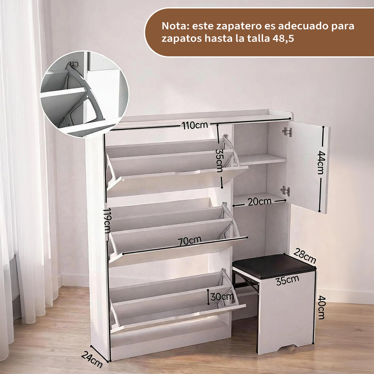 Garvee Zapatero Estrecho de Madera con Banco Oculto Cuatro Puertas Abatibles y Estantes Ajustables, Blanco