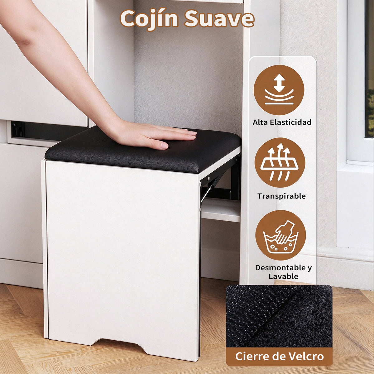 Garvee Zapatero Estrecho de Madera con Banco Oculto Cuatro Puertas Abatibles y Estantes Ajustables, Blanco