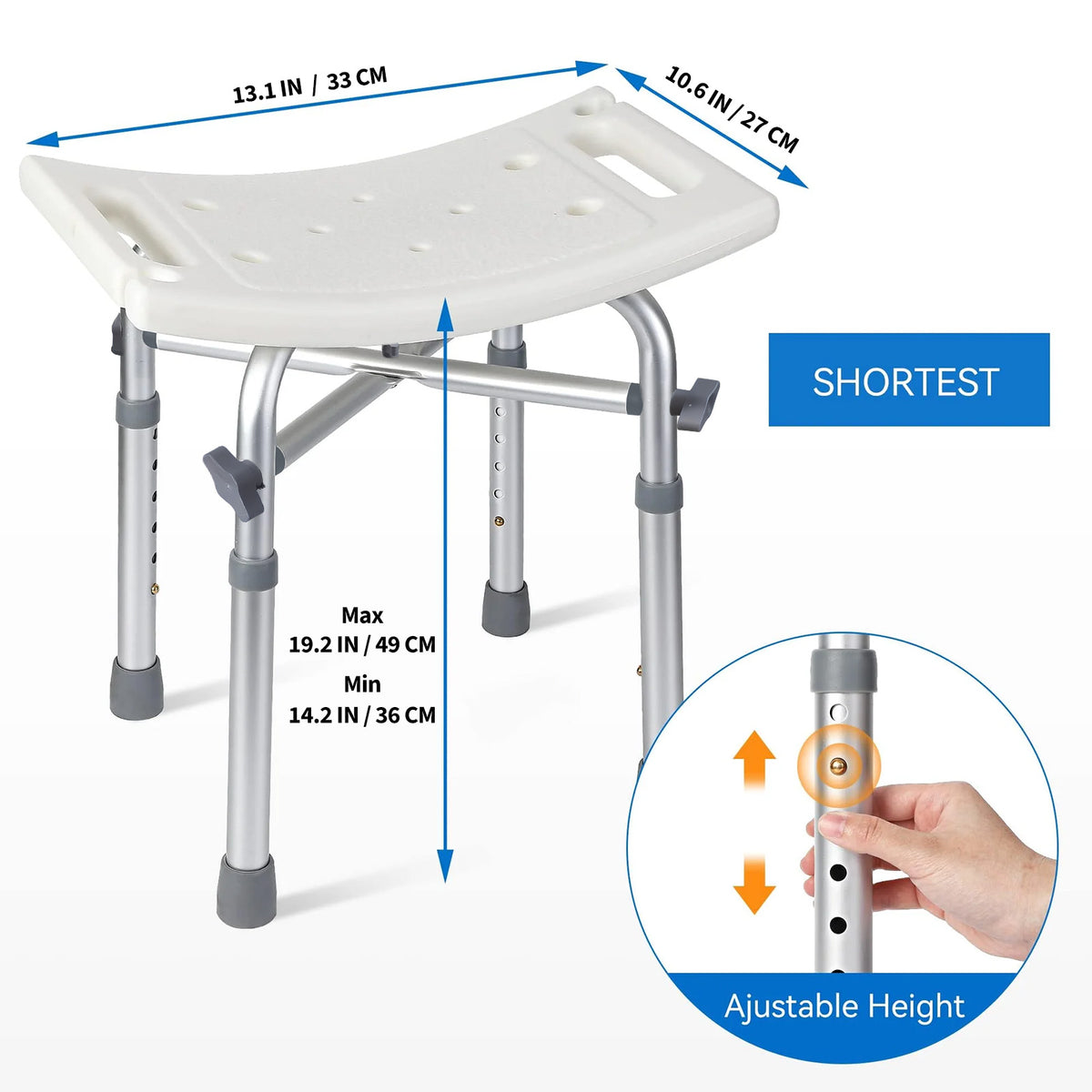 Garvee Silla de Ducha Ajustable Aluminio PE Asiento Amplio Pies Antideslizantes Mango de Plástico con Tornillos Capacidad 250 kg Altura Ajustable 36-49 cm Hogares, Usuarios de Baño, Satinado Blanco