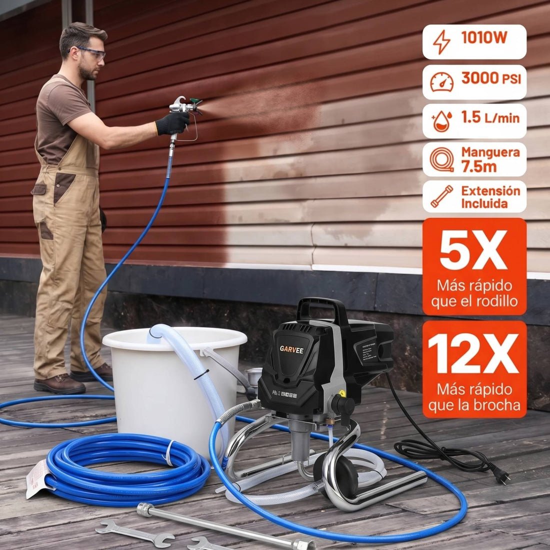 Garvee Pistola de Pulverización Eléctrica Sin Aire 1010W,Pulverizador y Máquina de Pintar Airless Profesional 3000 PSI, Caudal 1.5 L/min, Manguera 7,5m y Extensión para Pared, Techo, Muebles y Cercas