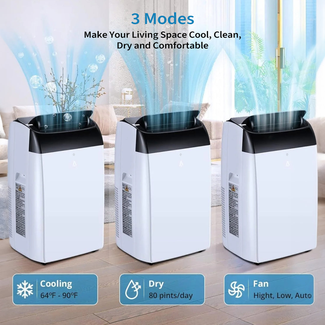 Garvee Aire Acondicionado Portátil 12000 BTU 3 en 1 Enfriador Deshumidificador y Ventilador con Pantalla LED Temporizador 24H y Mando a Distancia Blanco Plus