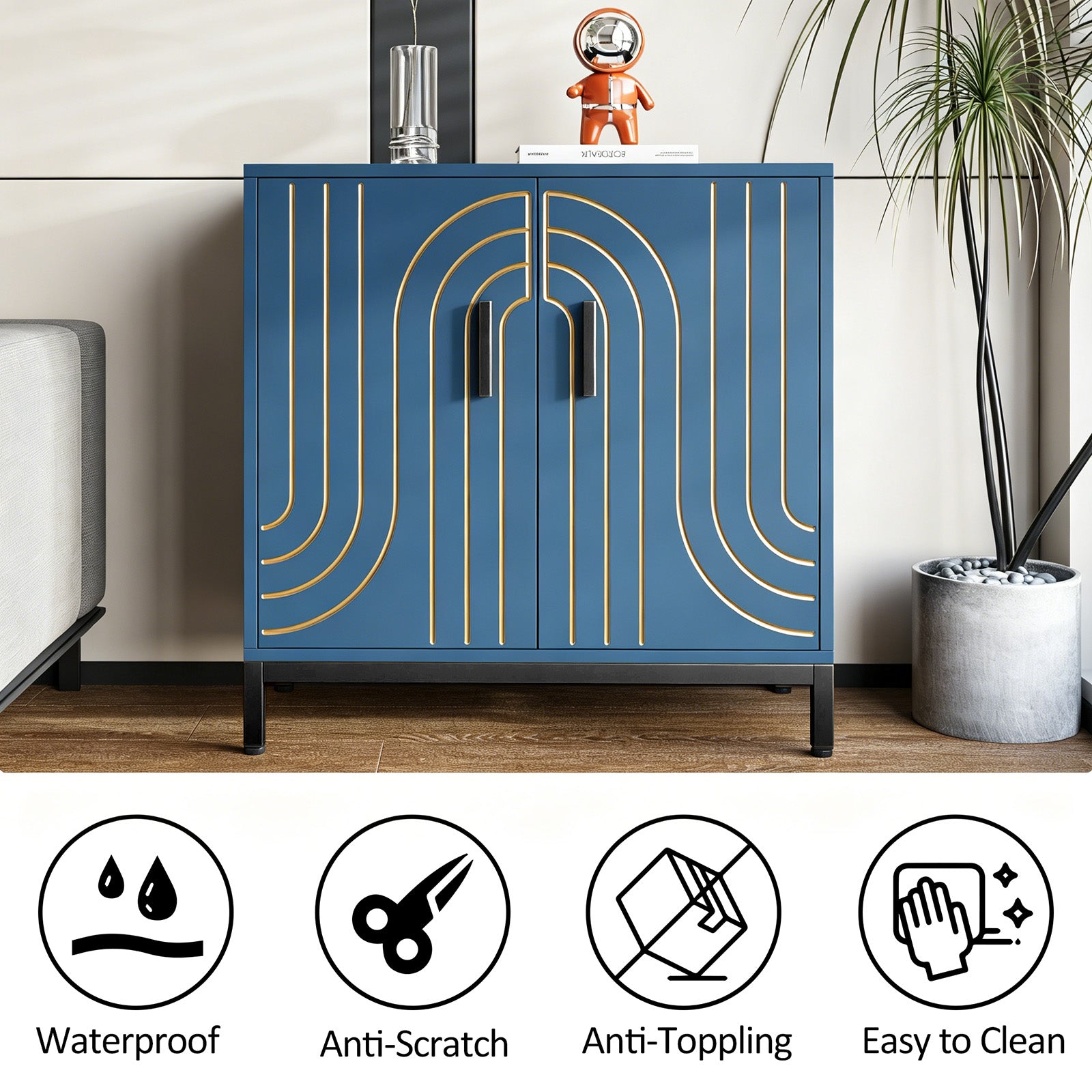 Garvee Aparador Metálico de Almacenamiento Moderno 80x38x85 cm 2 Puertas Estante Ajustable Tiradores Dorados para Cocina Comedor y Salón Azul