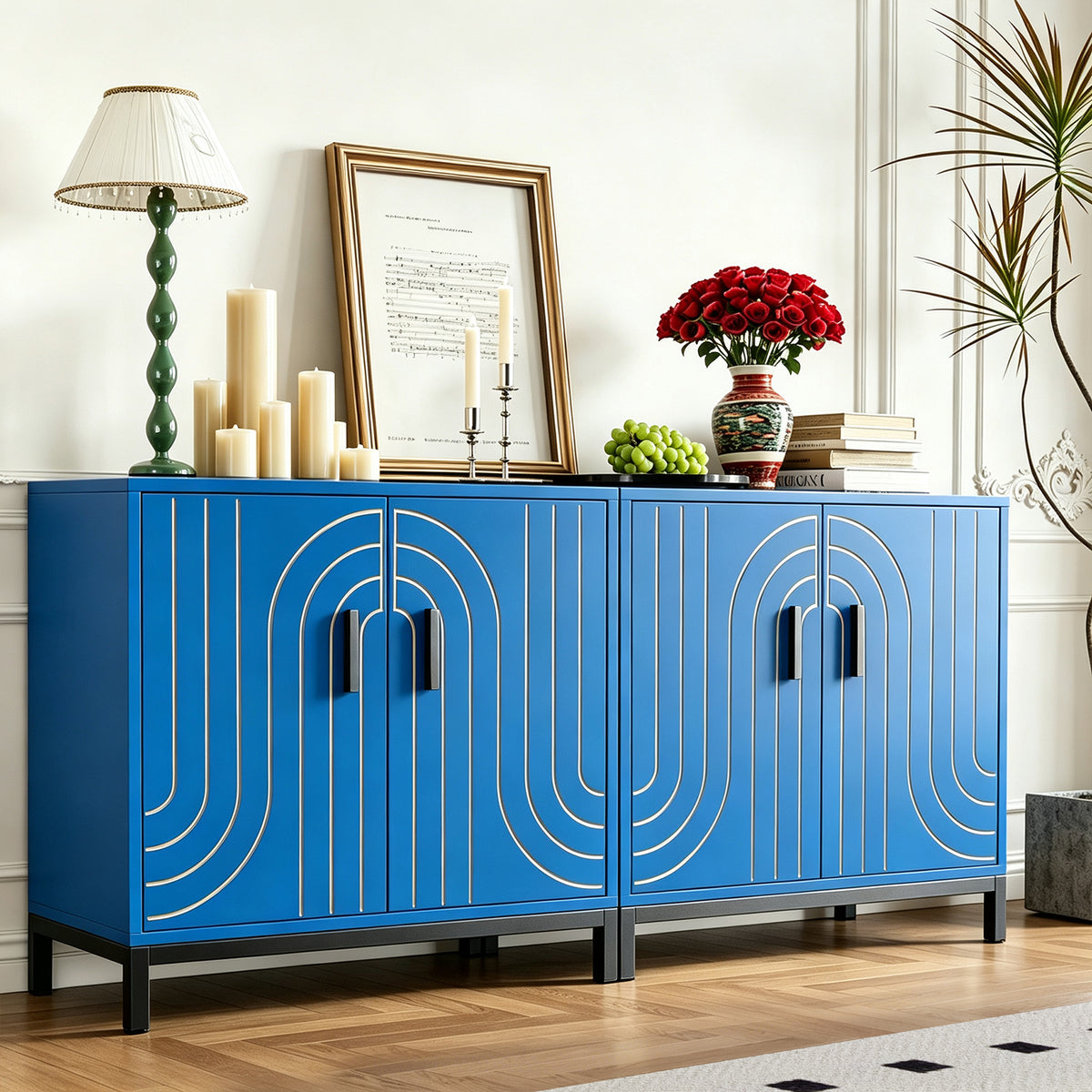 Garvee Aparador Metálico de Almacenamiento Moderno 80 x 38 x 85 cm, 2 Puertas con Estante Ajustable y Tiradores Dorados, para Cocina, Comedor y Salón, Azul