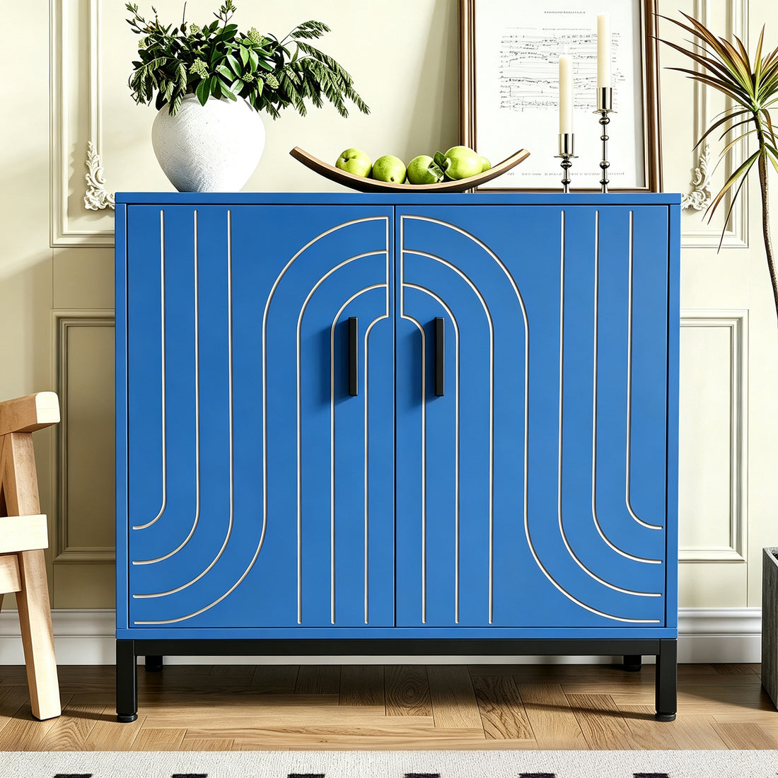 Garvee Aparador Metálico de Almacenamiento Moderno 80 x 38 x 85 cm, 2 Puertas con Estante Ajustable y Tiradores Dorados, para Cocina, Comedor y Salón, Azul