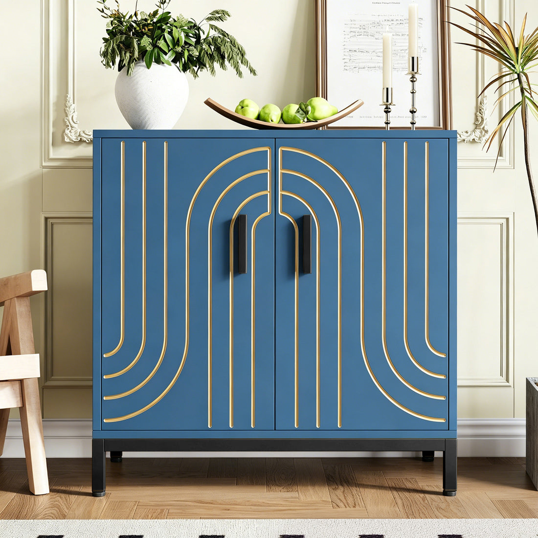 Garvee Aparador Metálico de Almacenamiento Moderno 80x38x85 cm 2 Puertas Estante Ajustable Tiradores Dorados para Cocina Comedor y Salón Azul
