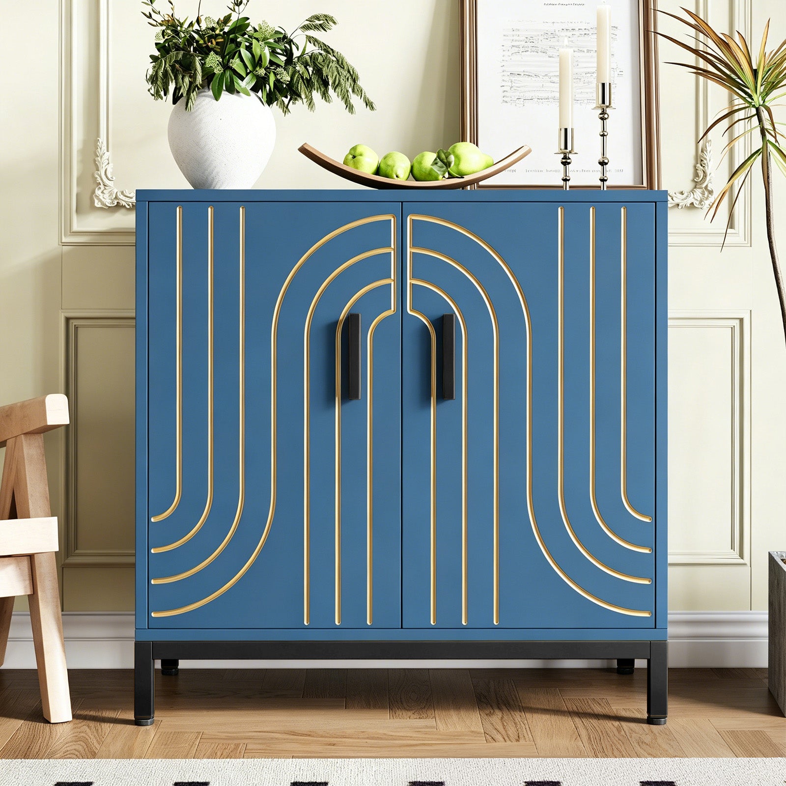 Garvee Aparador Metálico de Almacenamiento Moderno 80x38x85 cm 2 Puertas Estante Ajustable Tiradores Dorados para Cocina Comedor y Salón Azul