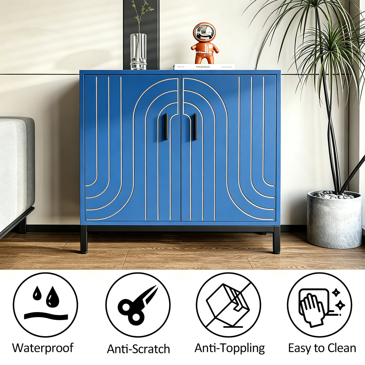 Garvee Aparador Metálico de Almacenamiento Moderno 80 x 38 x 85 cm, 2 Puertas con Estante Ajustable y Tiradores Dorados, para Cocina, Comedor y Salón, Azul
