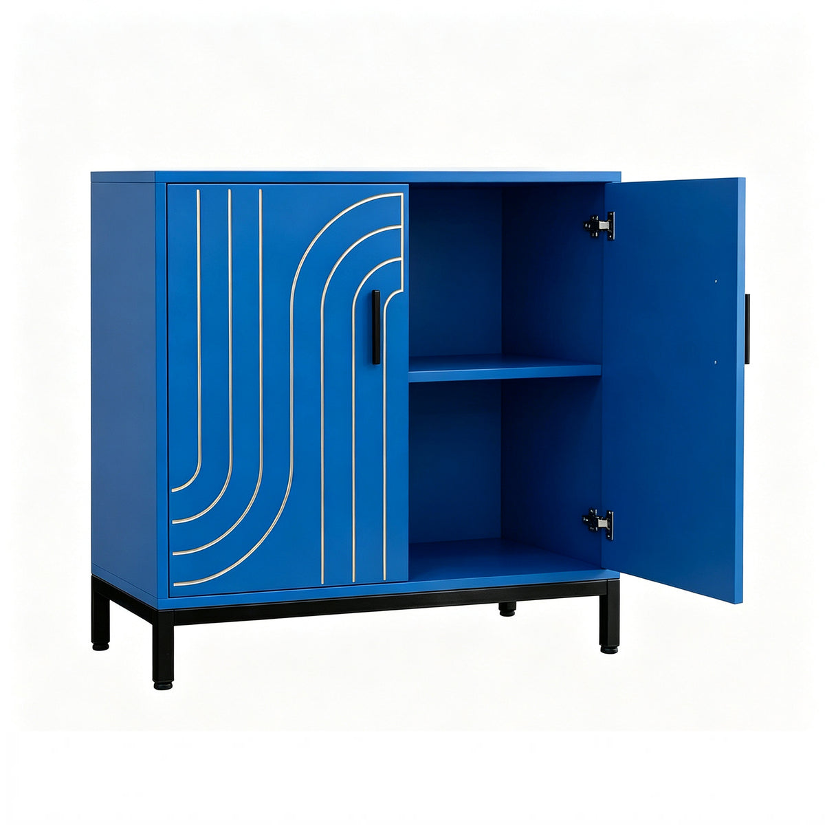 Garvee Aparador Metálico de Almacenamiento Moderno 80 x 38 x 85 cm, 2 Puertas con Estante Ajustable y Tiradores Dorados, para Cocina, Comedor y Salón, Azul