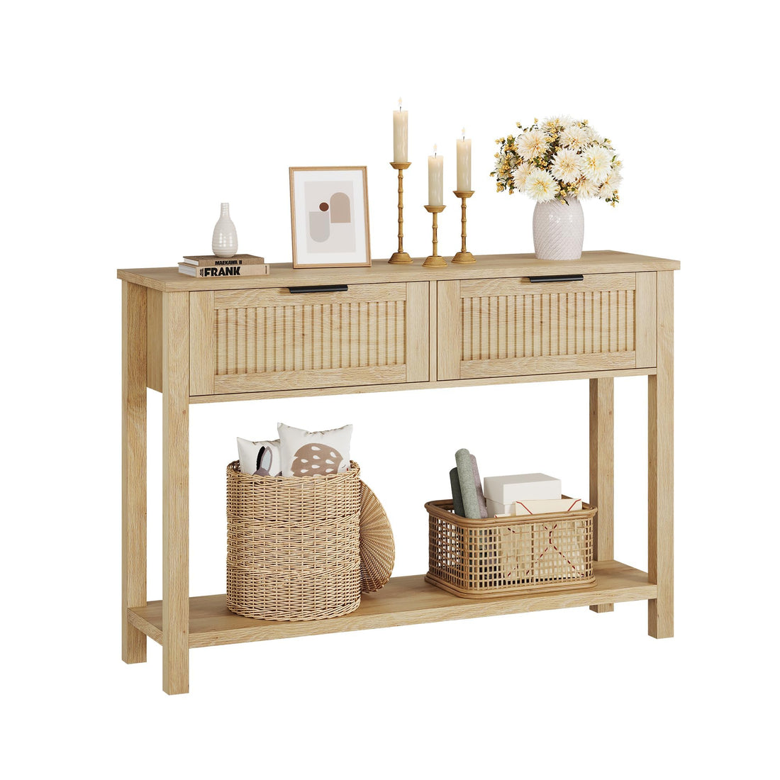 Garvee Mesa Consola de Entrada, Mueble Recibidor Rústico de Madera con 2 Cajones y 2 Estantes, Mesa Auxiliar para Pasillo y Salón, 109 cm, Color Madera Natural