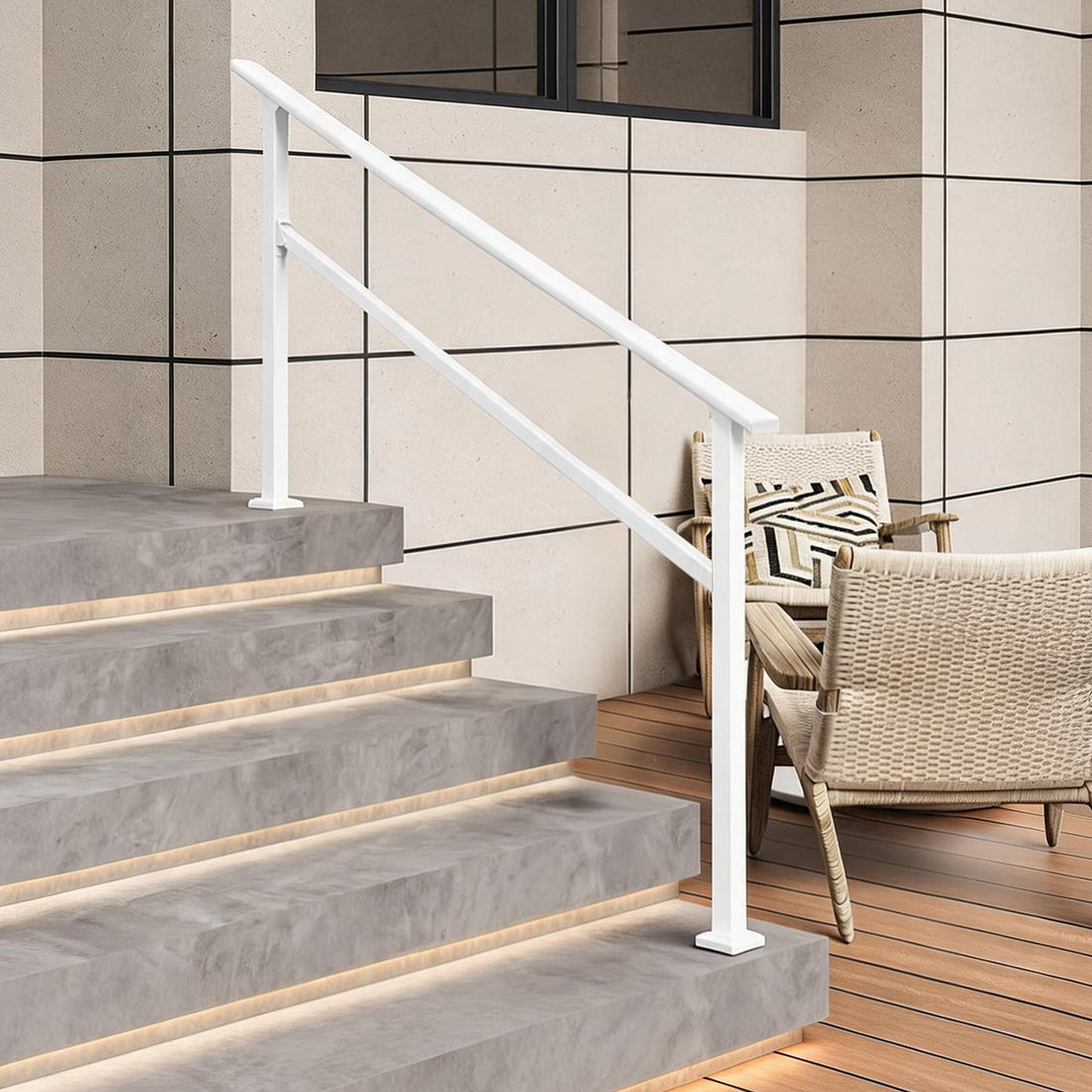 Garvee Barandilla Metálica Ajustable para Escaleras 5 Peldaños, Antióxido Antideslizante para Uso Residencial y Comercial, Blanco