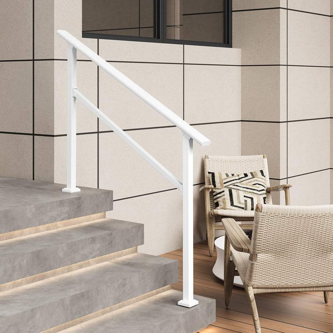 Garvee Pasamanos Ajustable para Escaleras Exteriores, Kit Completo de Aluminio y Acero con Recubrimiento Antióxido, Blanco, 4 Peldaños