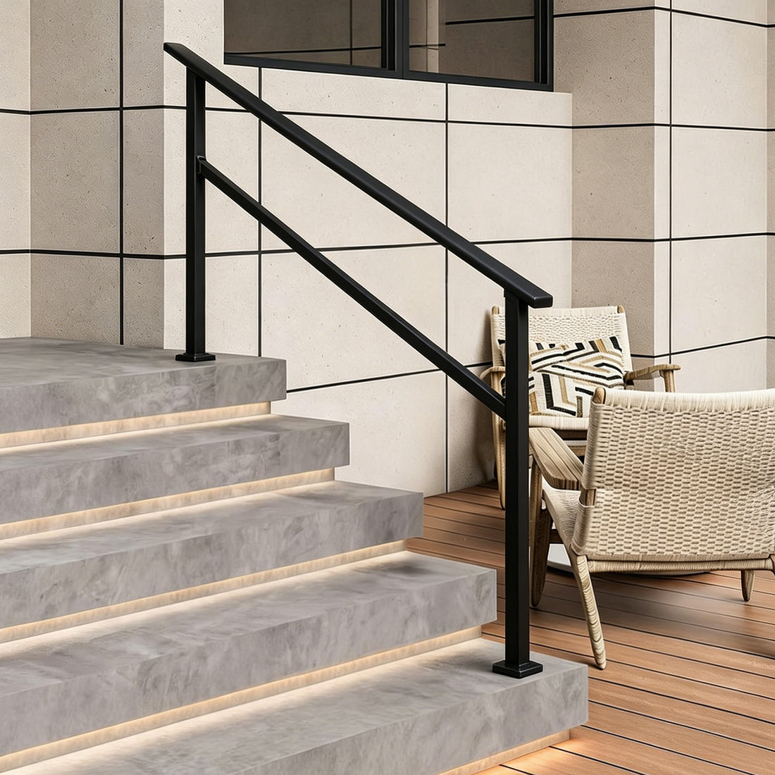 Garvee Pasamanos Ajustable para Escaleras Exteriores, Kit Completo de Aluminio y Acero con Recubrimiento Antióxido, Negro Brillante, 5 Peldaños